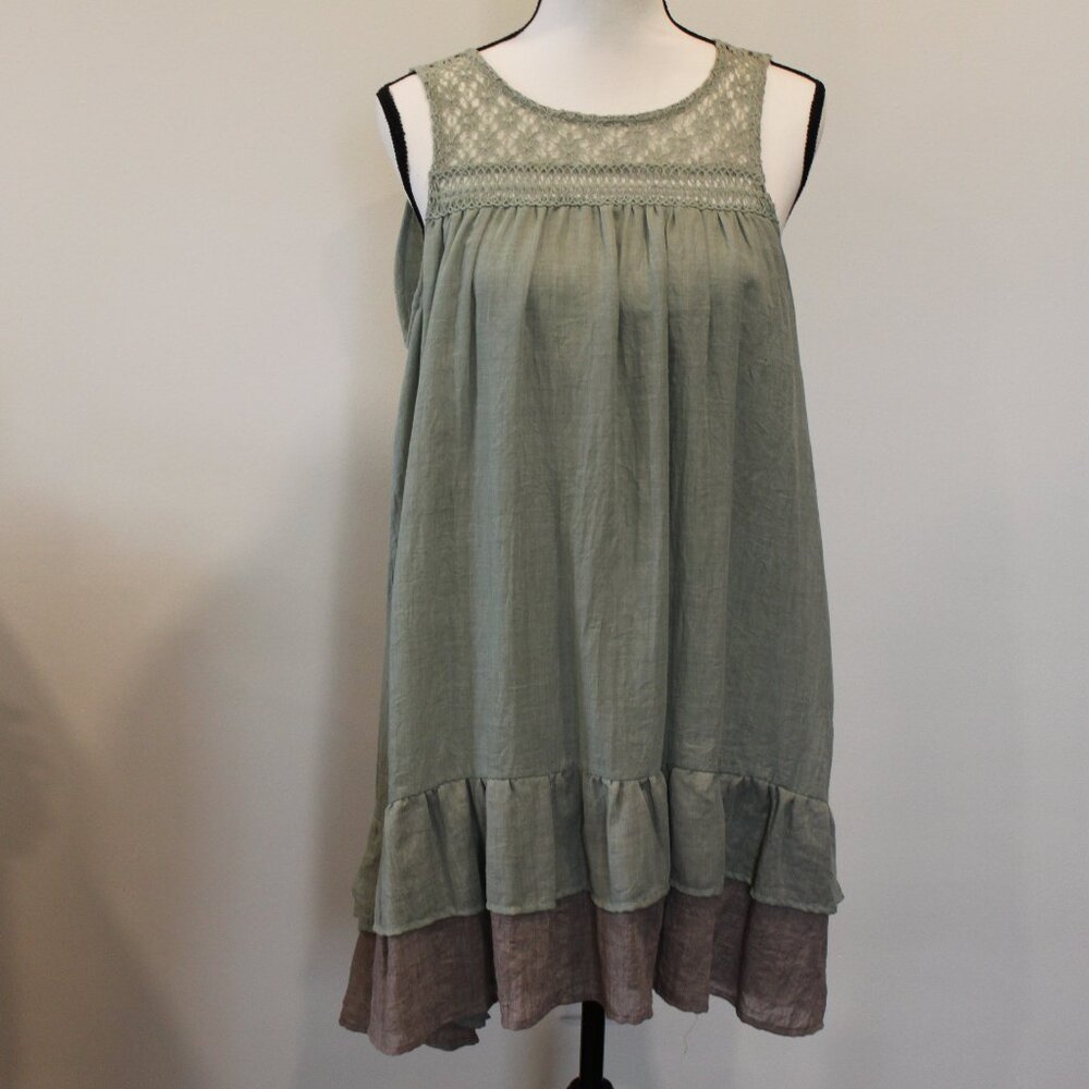 NWT Umgee Sleeveless Light Green/Brown Dress with Lace‎ Detail Size Medium